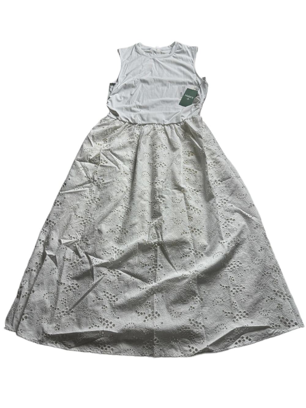 Halara Women's XL White Eyelet Lace Midi Dress Sleeveless Ruched A-Line NWT